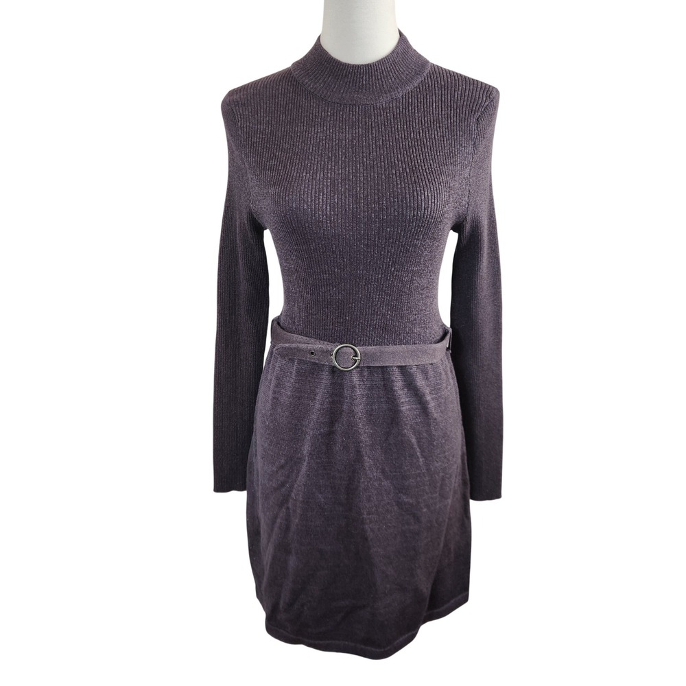 Free People Purple French Lurex Ribbed Mock Neck Belted Sweater Dress Size Small